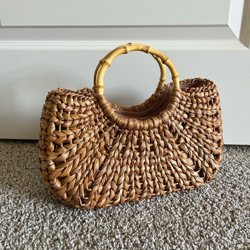 Tan Woven Straw Rattan Handbag